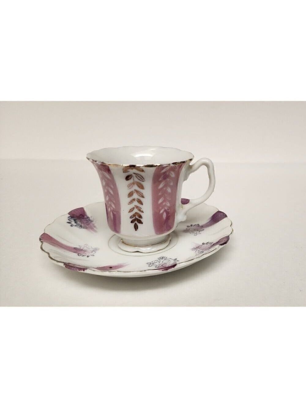 Vintage 19th Century White Purple Gold Trim Teacups and Saucers